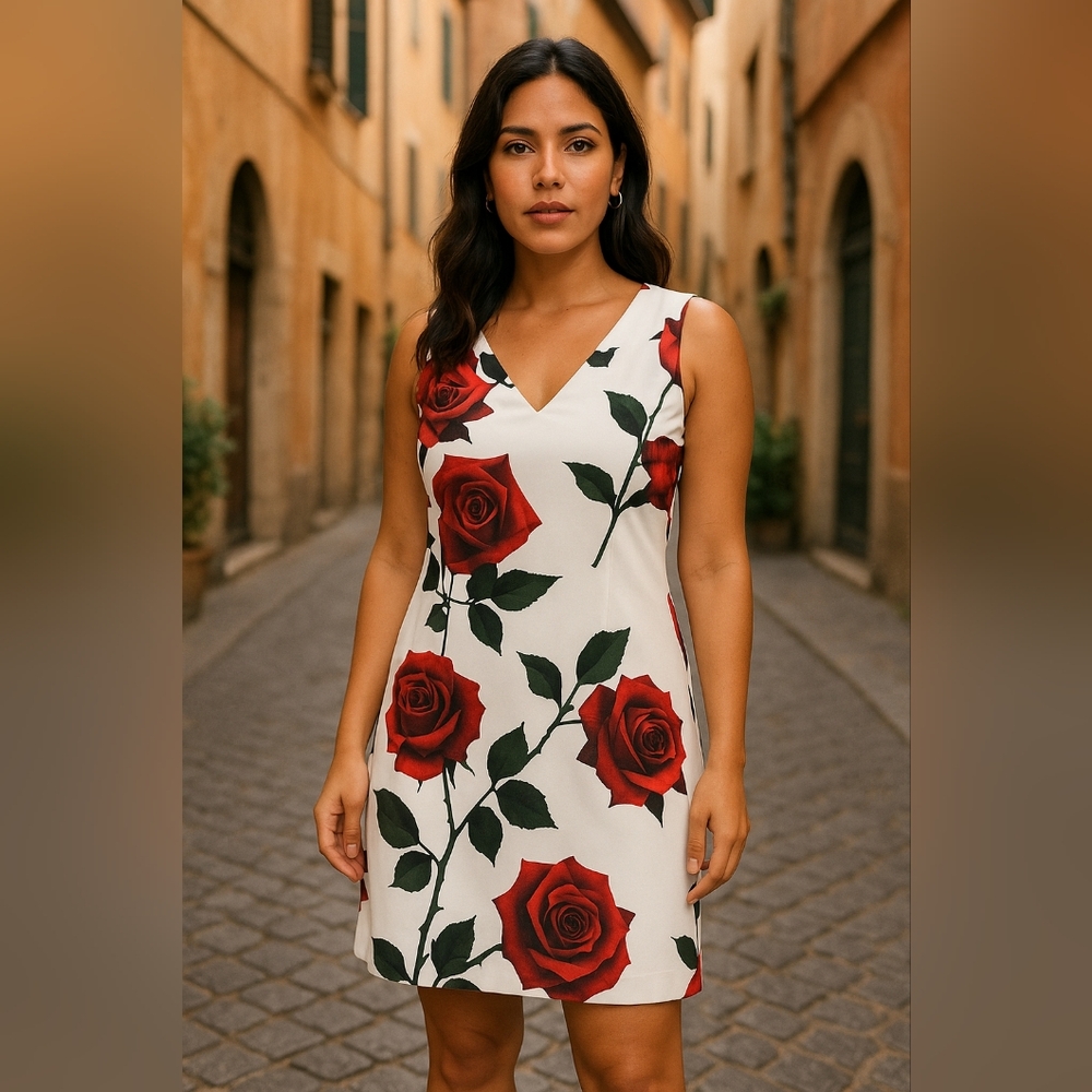 Rose Print Sleeveless Dress L Floral, Romantic, Elegant, Summer Chic